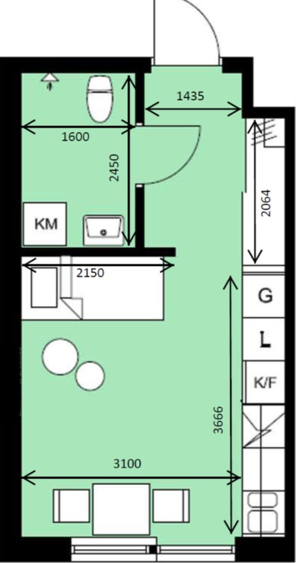 Planlösning 24 m2 utan fönster